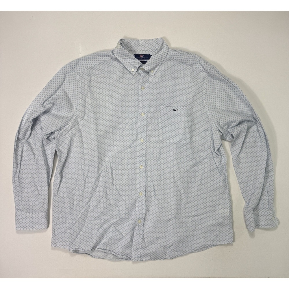Vineyard Vines Mens XL Classic Fit Tucker Shirt Linen Blend Fish Print Blue